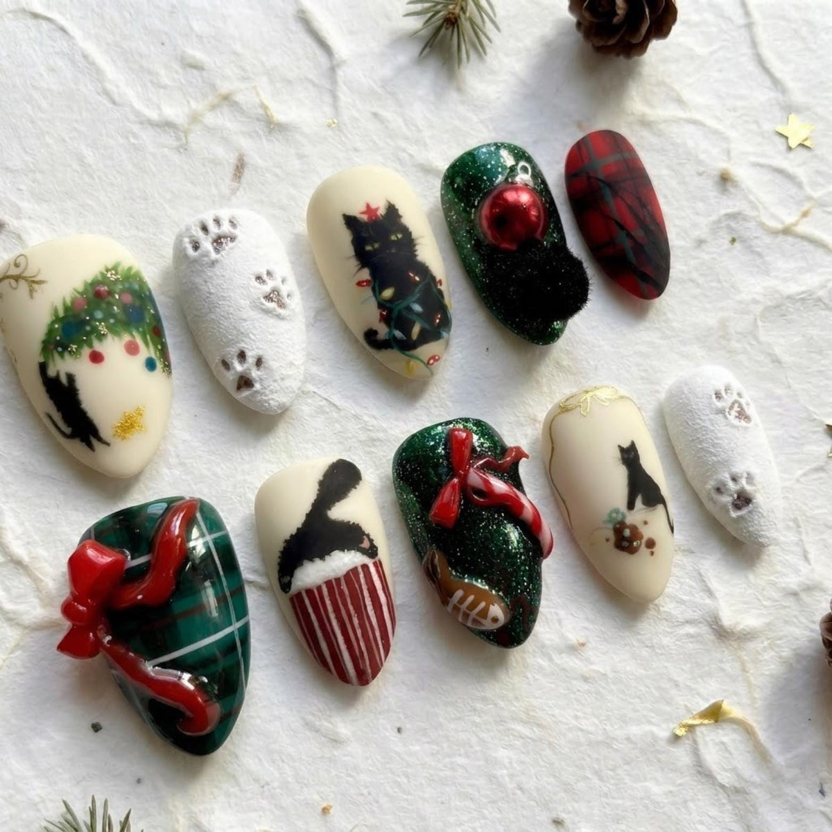Christmas Cat Plaid Press On Nails With Glitter, Fuzzy Details and 3D Bows