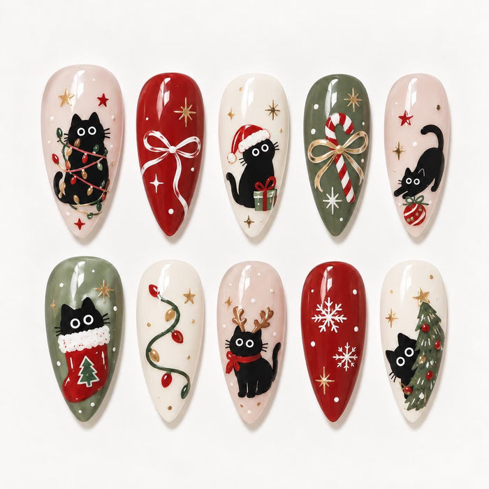 Christmas Cat Press On Nails With Bows, Candy Canes and Holiday Details