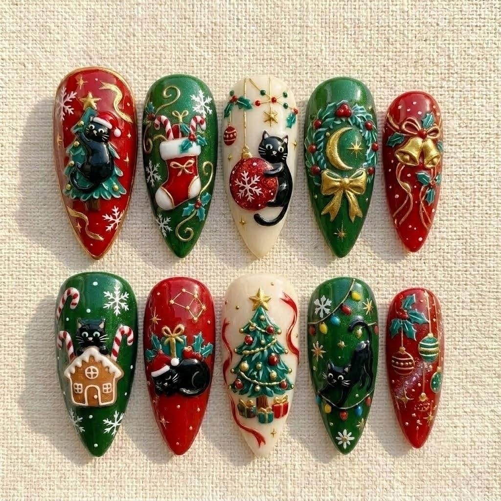 Christmas Cat Press On Nails With Festive Scenes and Gold Accents