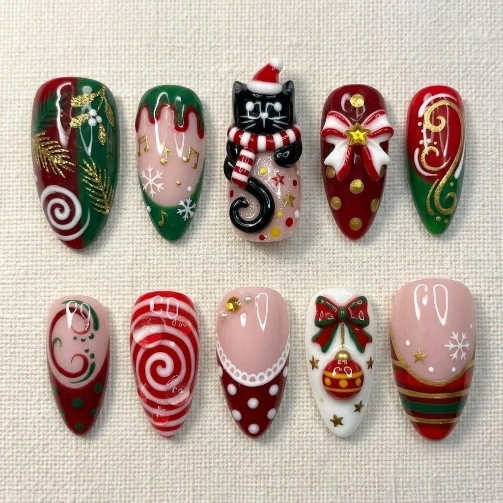 Christmas Cat Press On Nails With Festive Swirls, Bows and Ornaments