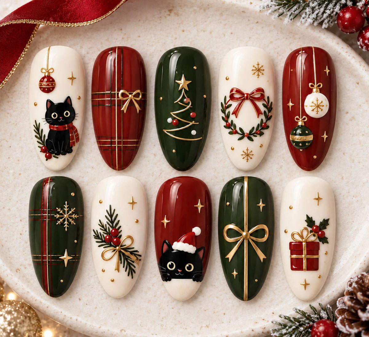Christmas Cat Press-On Nails with Red and Green Plaid, Trees, Wreaths and Bows