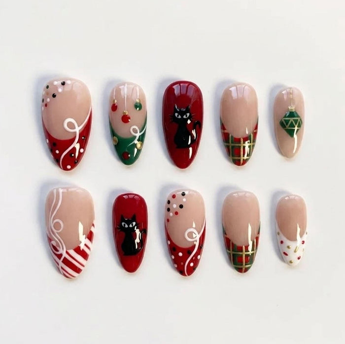 Christmas Cat Press On Nails with Red and Green Tartan, Ornaments, and Ribbon Swirls