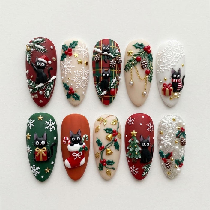 Christmas Cat Press On Nails With Red Green Plaid, Snowflakes, Holly and 3D Details