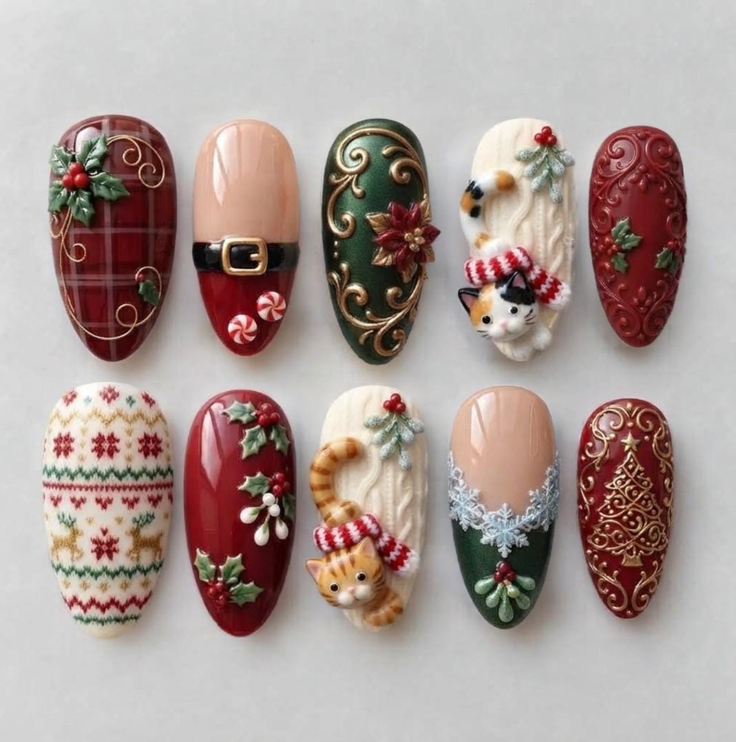 Christmas Cat Press On Nails with Sweater, Plaid and Gold Scrollwork