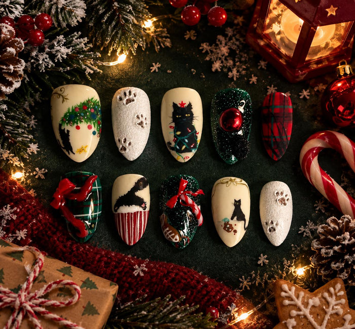 Christmas Cat Press-On Nails with Tartan, Paw Prints, and 3D Red Bows