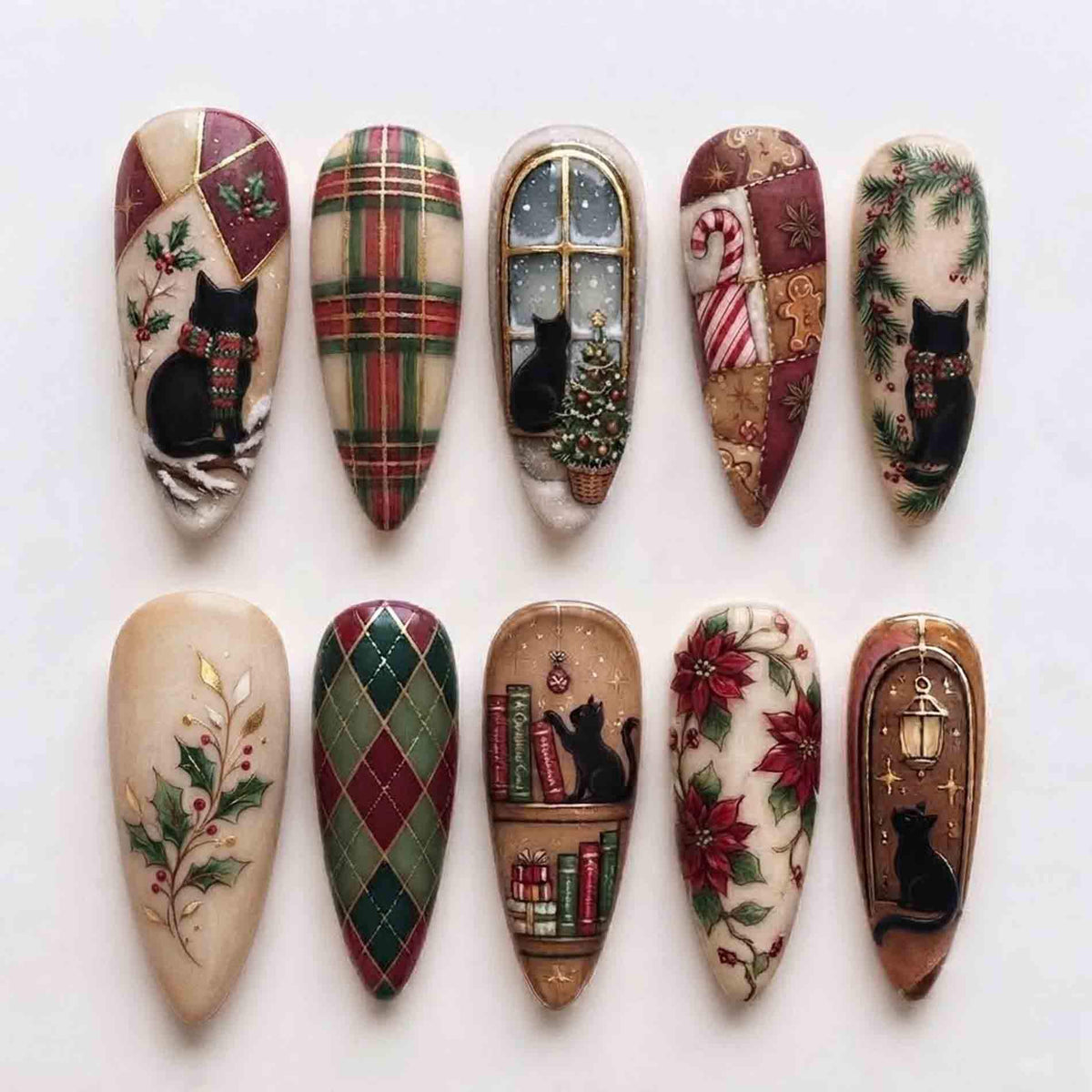 Christmas Cat, Tartan Plaid & Poinsettia Nail Set