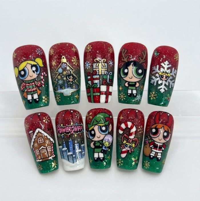 Christmas Character Press On Nails With Red-to-Green Glitter Gradient and Gold Snowflakes
