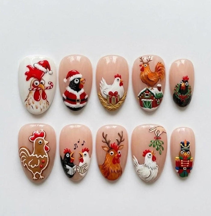 Christmas Chicken and Rooster Press On Nail Set With Santa, Reindeer, and Nutcracker Designs