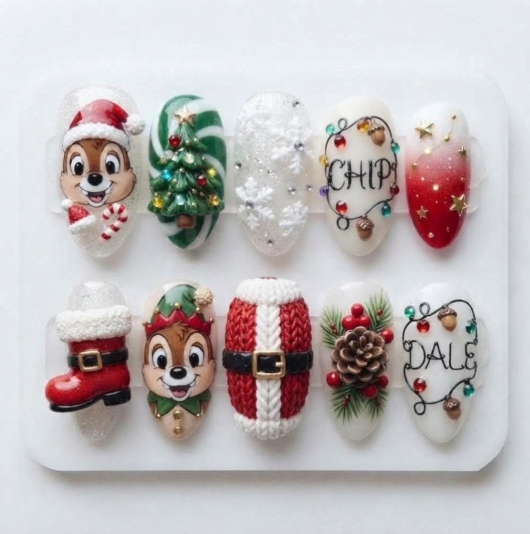 Christmas Chipmunk Press On Nails With Santa Suit, Tree, Snowflakes & Knit Texture