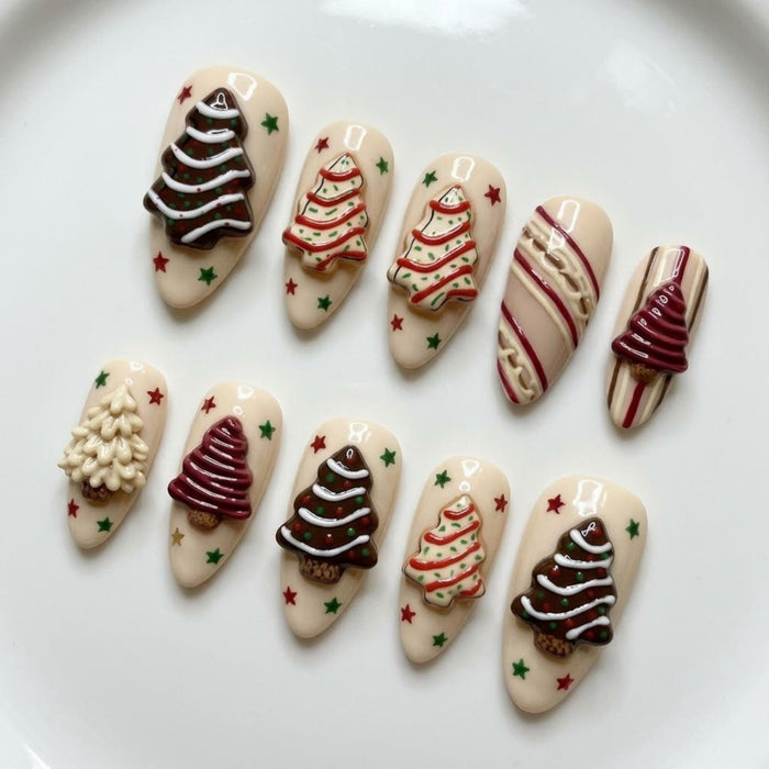 Christmas Cookie Press On Nails With 3D Icing Trees and Candy Stripe Accents
