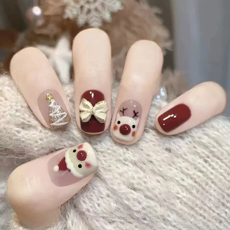 Christmas Cream and Burgundy Press-On Nails with Bow, Reindeer and Santa Designs