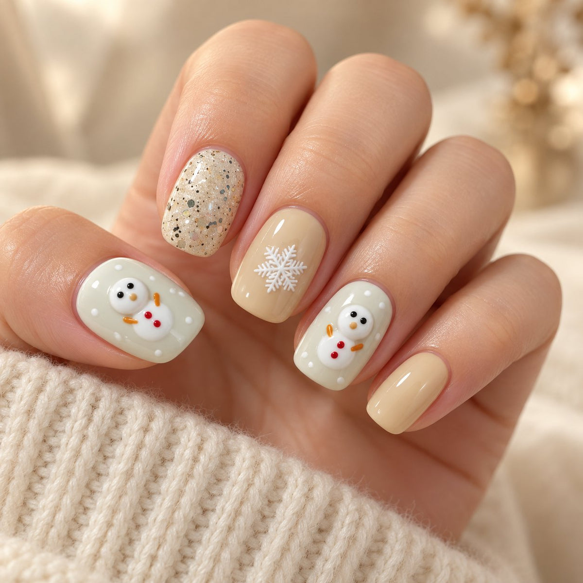 Christmas Cream Snowman and Snowflake Glitter Press-On Nails worn on hand