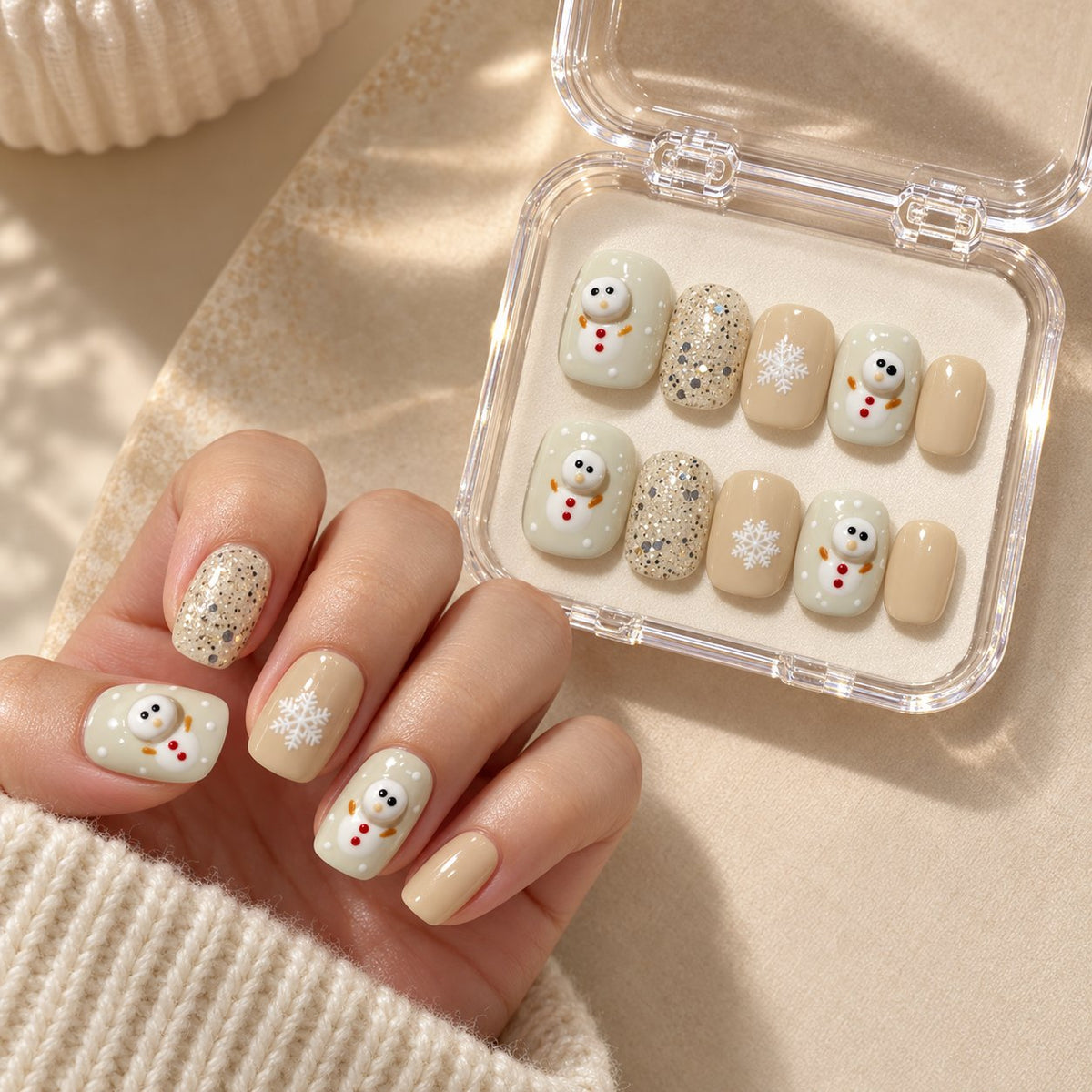 Christmas Cream Snowman and Snowflake Glitter Press-On Nails worn on hand with acrylic storage box