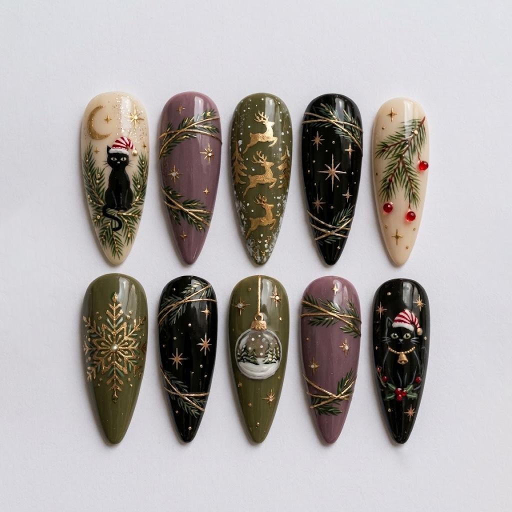 Christmas Deer and Santa Hat Cat Nails With Olive, Black, Mauve and Gold Details