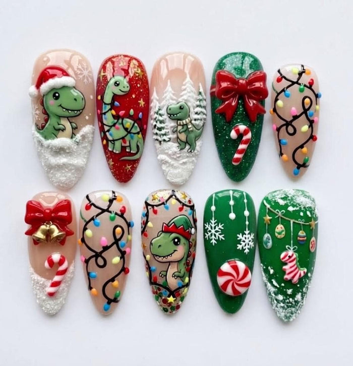 Christmas Dinosaur Press On Nails with Holiday Lights, Candy Canes, 3D Bows and Gold Bells