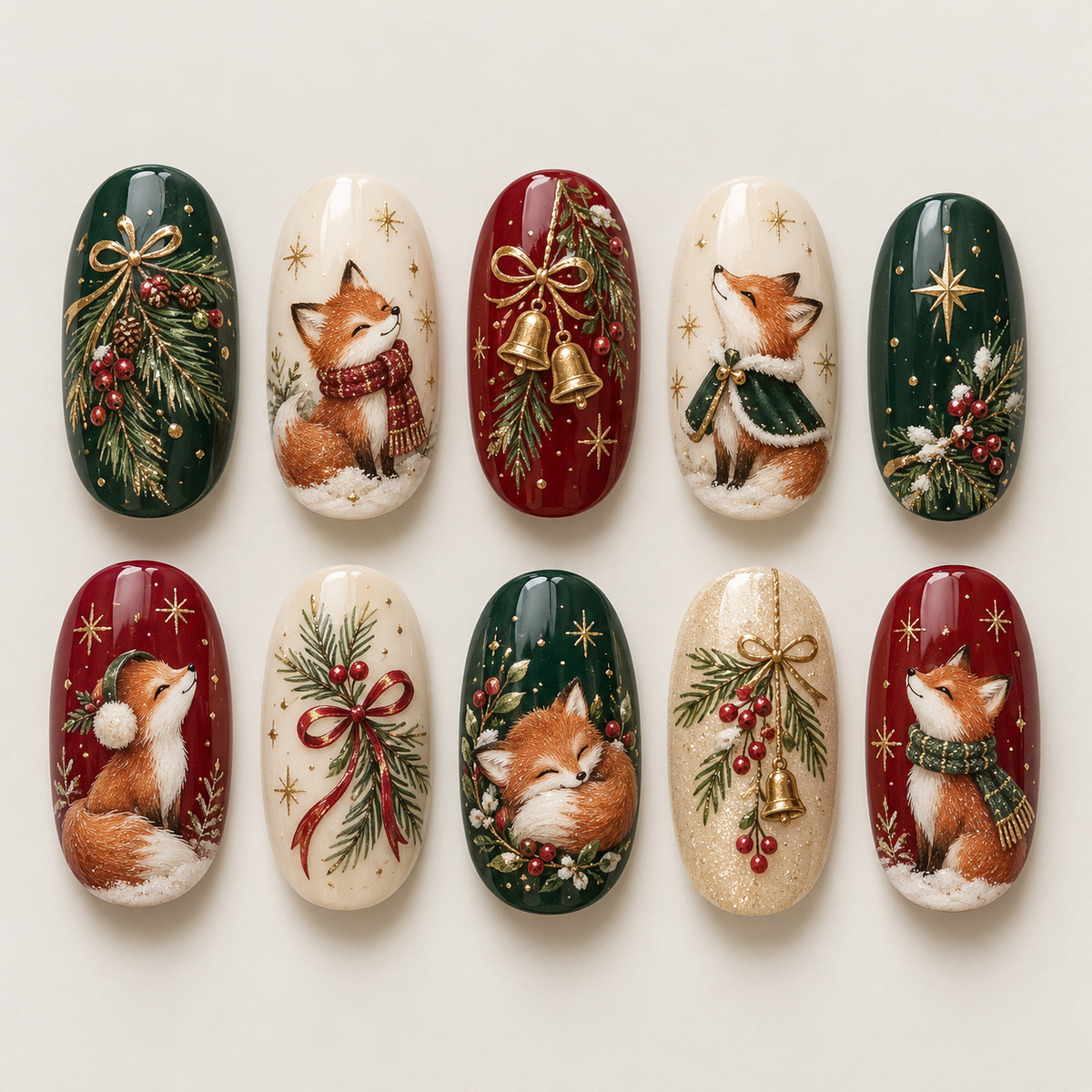 Christmas Fox and Pine Nail Set in Evergreen, Berry Red and Gold