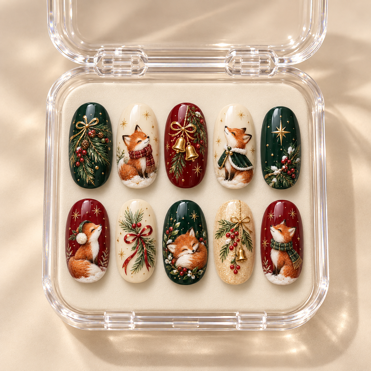 Christmas Fox and Pine Nail Set in Evergreen, Berry Red and Gold