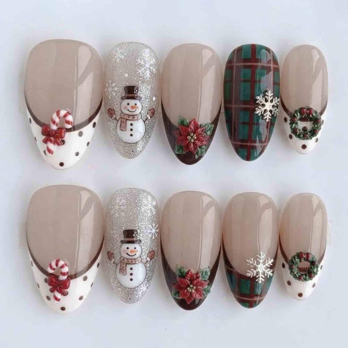 Christmas French Tip Press On Nail Set With Snowmen, Poinsettias and Tartan Plaid