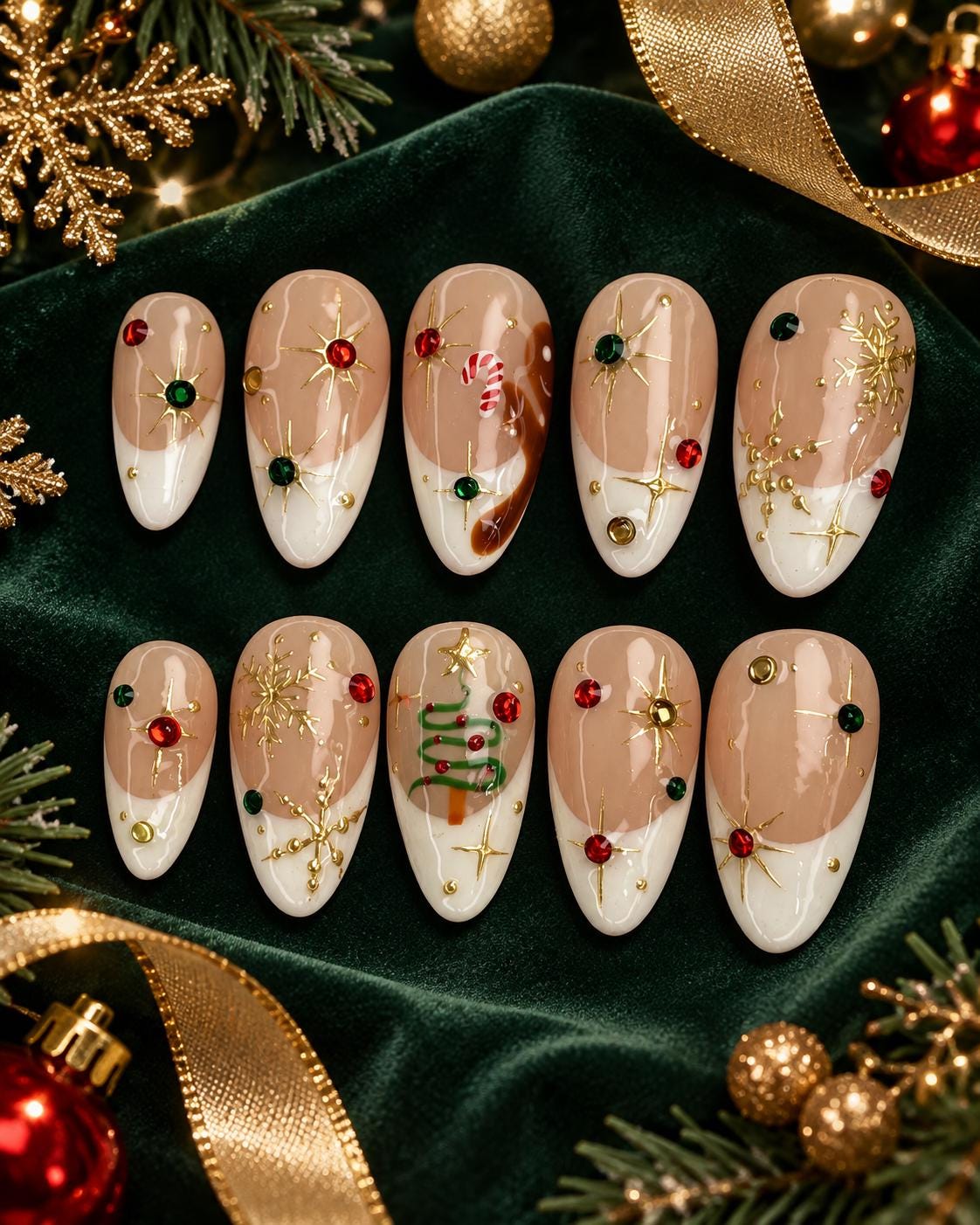 Christmas French Tip Nails with Gold Starbursts, Rhinestones, Candy Cane and Tree