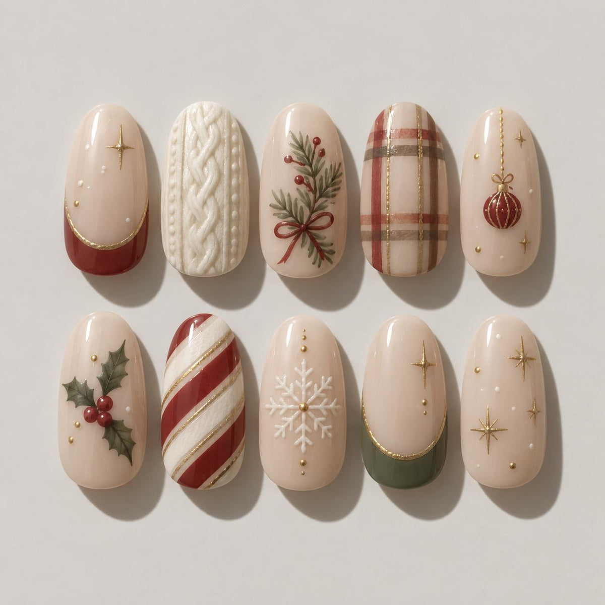 Christmas French Tip Nails With Holly, Candy Cane Stripes and Cable Knit Texture
