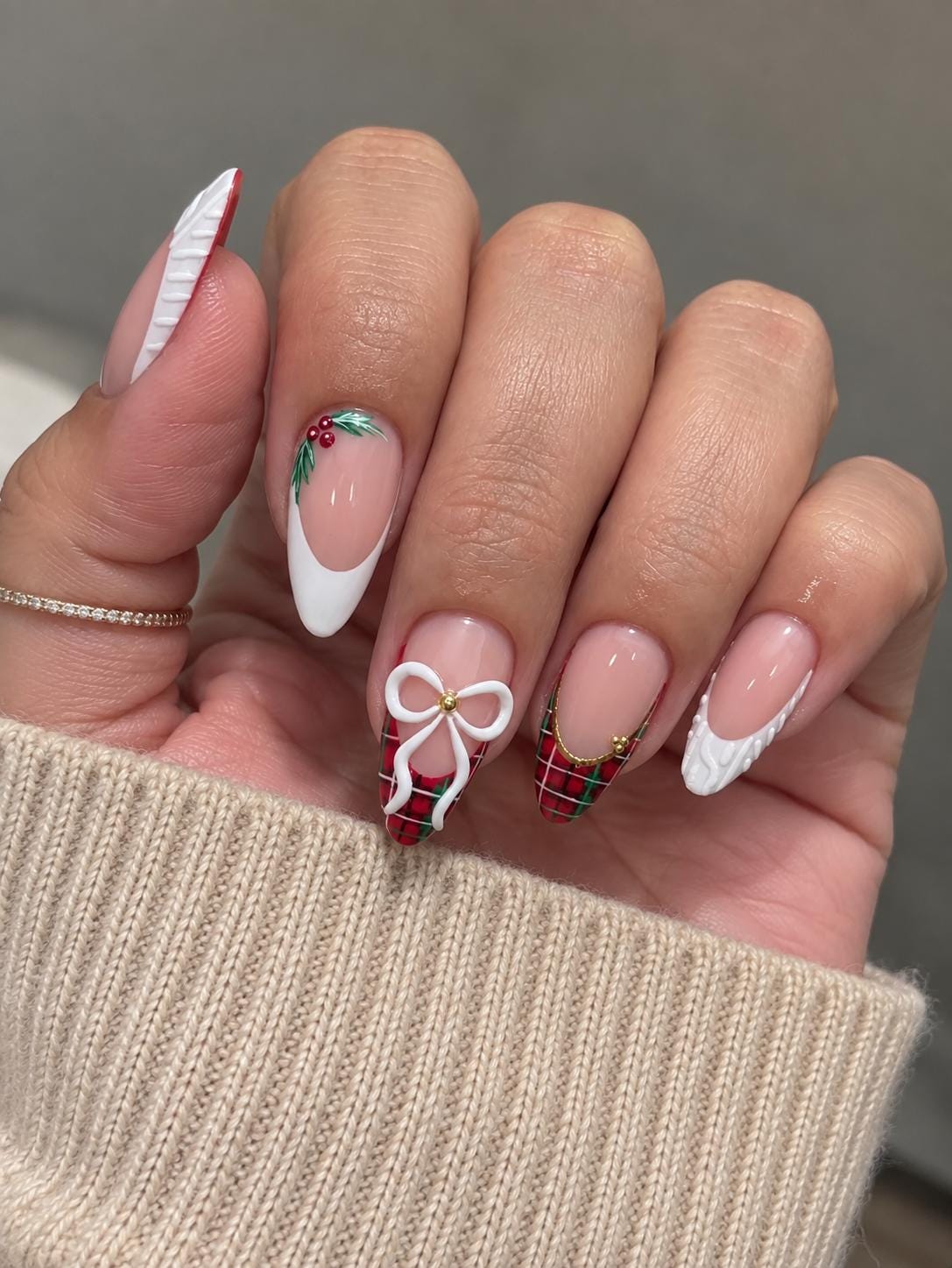 Christmas French Tip Nails with Red Plaid, Cable-Knit Details and Bows