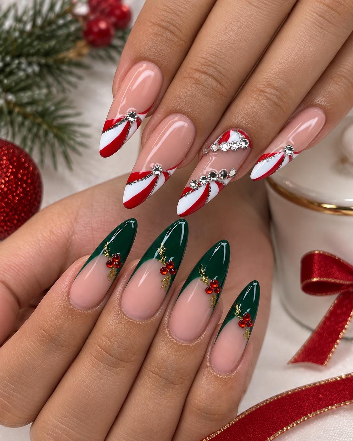 Christmas French Tip Press On Nails With Green Tips, Candy Cane Stripes, Berries & Rhinestones