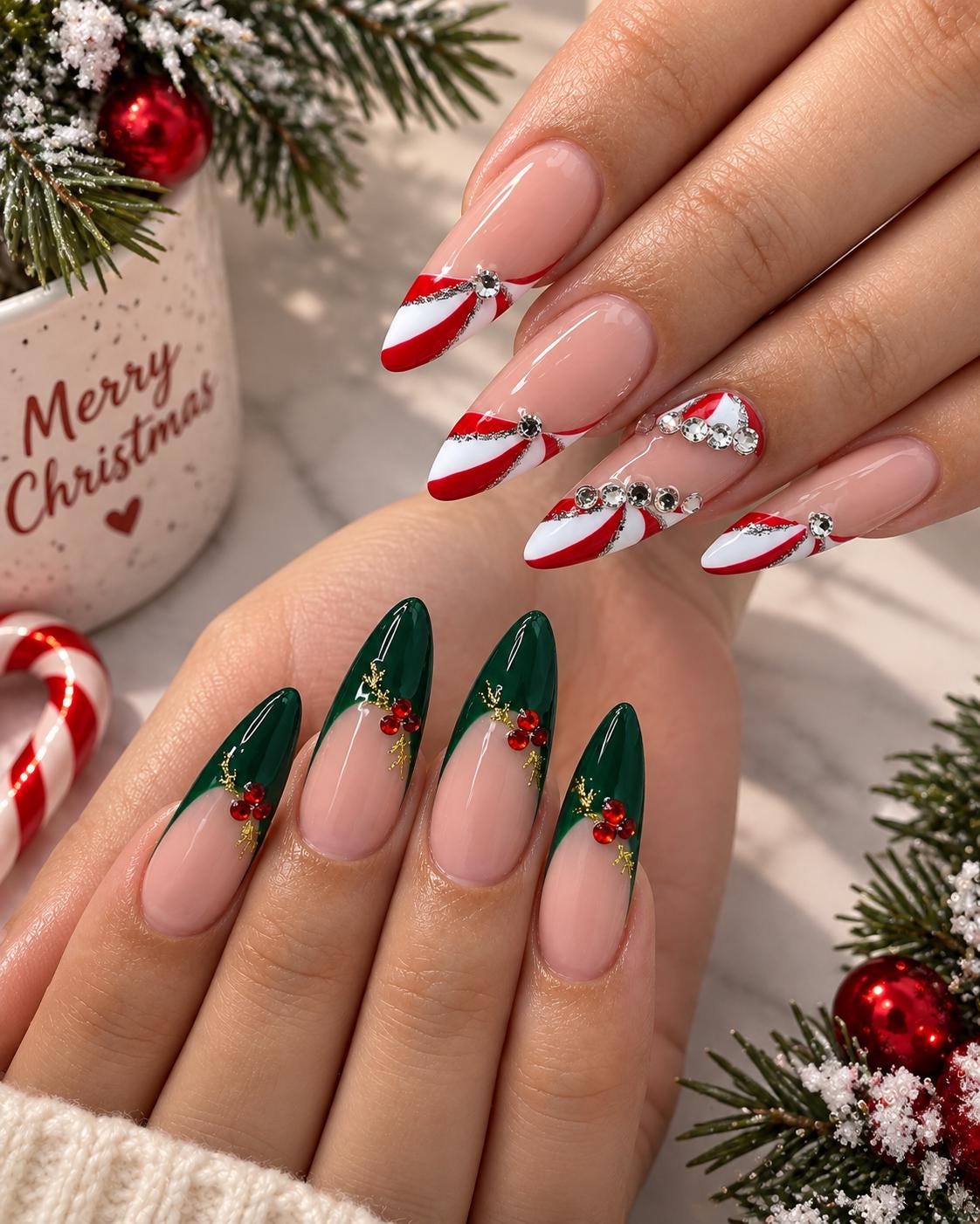 Christmas French Tip Press On Nails With Green Tips, Candy Cane Stripes, Berries & Rhinestones