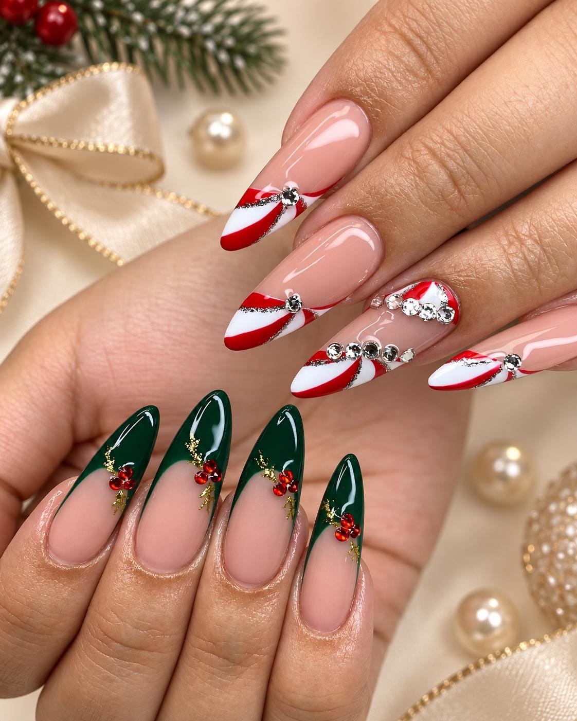 Christmas French Tip Press On Nails With Green Tips, Candy Cane Stripes, Berries & Rhinestones