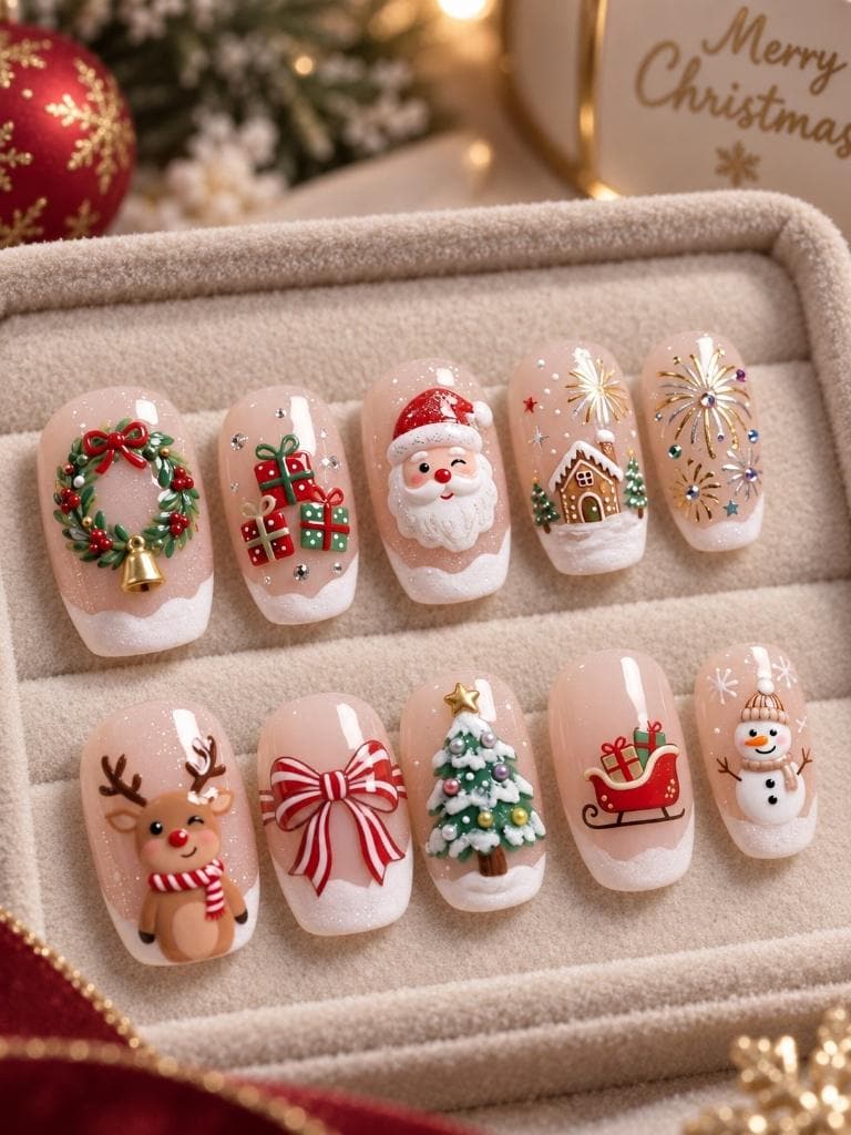 Christmas French Tip Press On Nails With Santa, Reindeer and Holiday Motifs