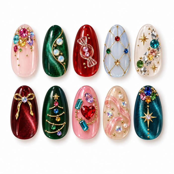 Christmas Gemstone Press On Nails with Gold Bows, Tree, Star and Heart Details