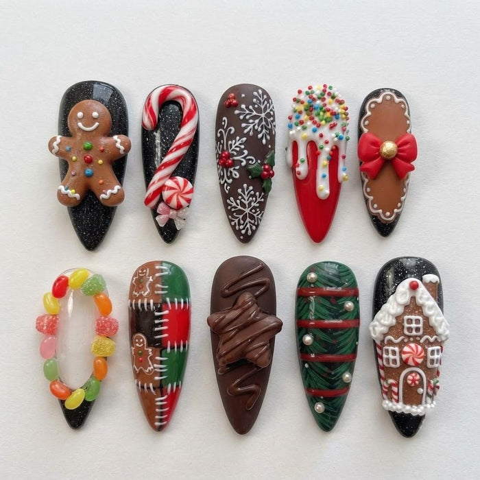 Christmas Gingerbread and Candy Cane Press On Nails with 3D Icing, Bows and Pearls