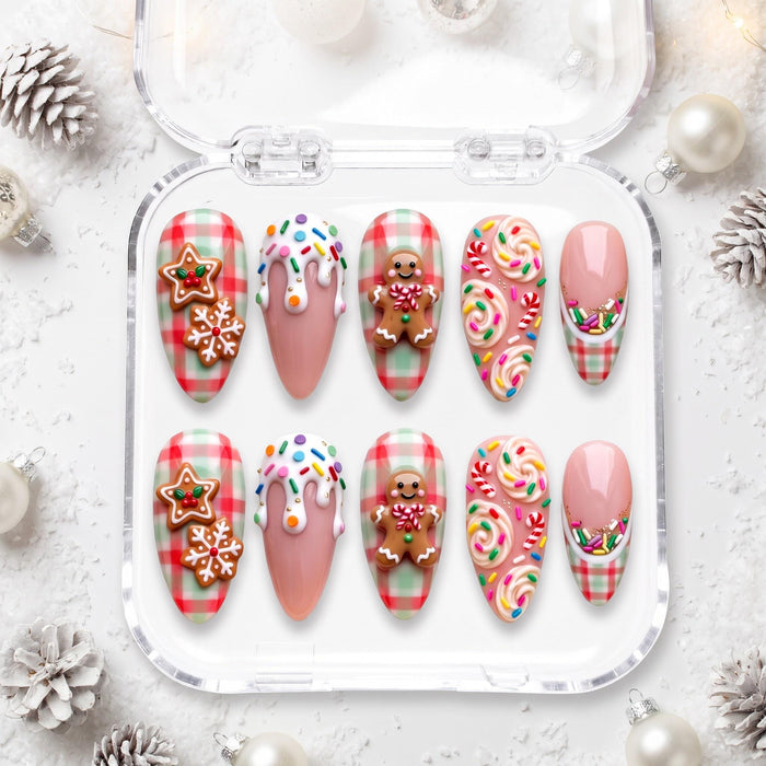 Christmas Gingerbread and Candy Gingham Press-On Nail Set