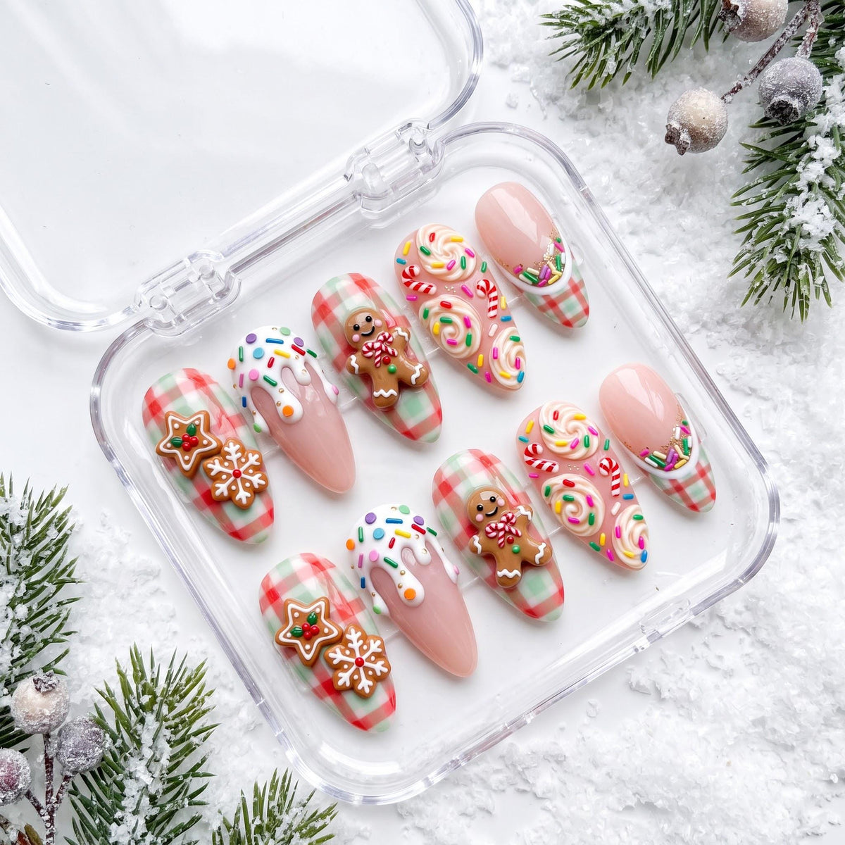 Christmas Gingerbread and Candy Gingham Press-On Nail Set