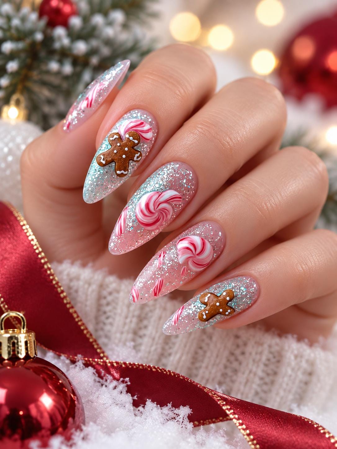 Christmas Gingerbread and Peppermint Swirl Glitter Nail Set