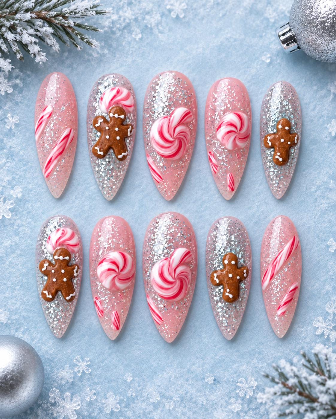 Christmas Gingerbread and Peppermint Swirl Glitter Nail Set