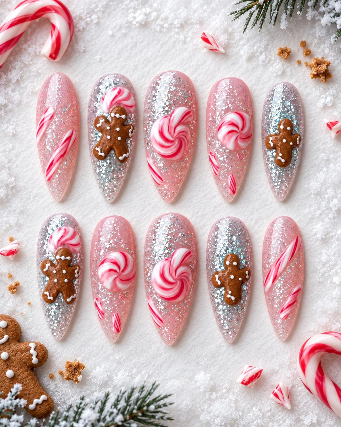 Christmas Gingerbread and Peppermint Swirl Glitter Nail Set
