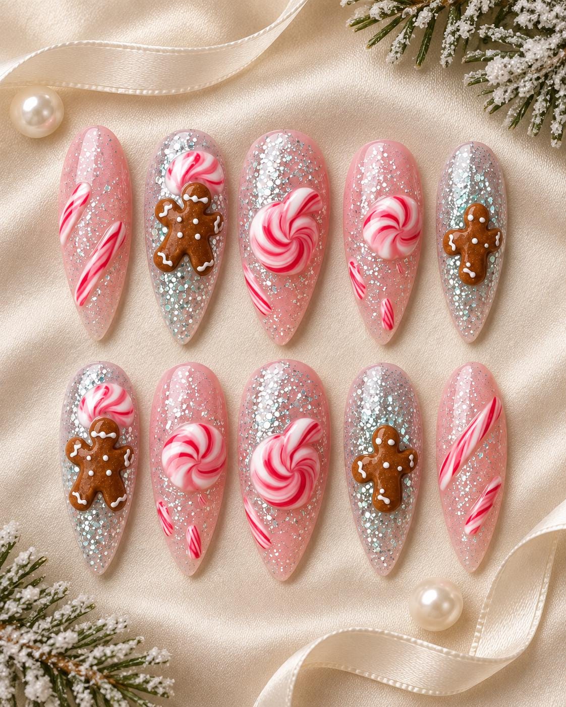 Christmas Gingerbread and Peppermint Swirl Glitter Nail Set