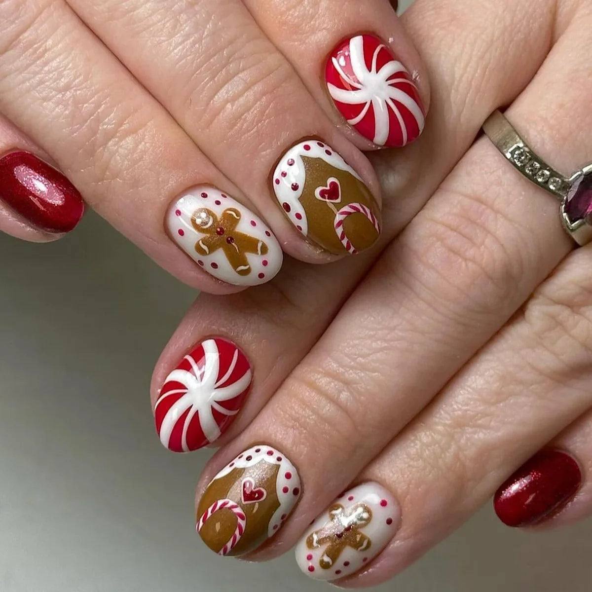 Christmas Gingerbread and Peppermint Swirl Press-On Nails