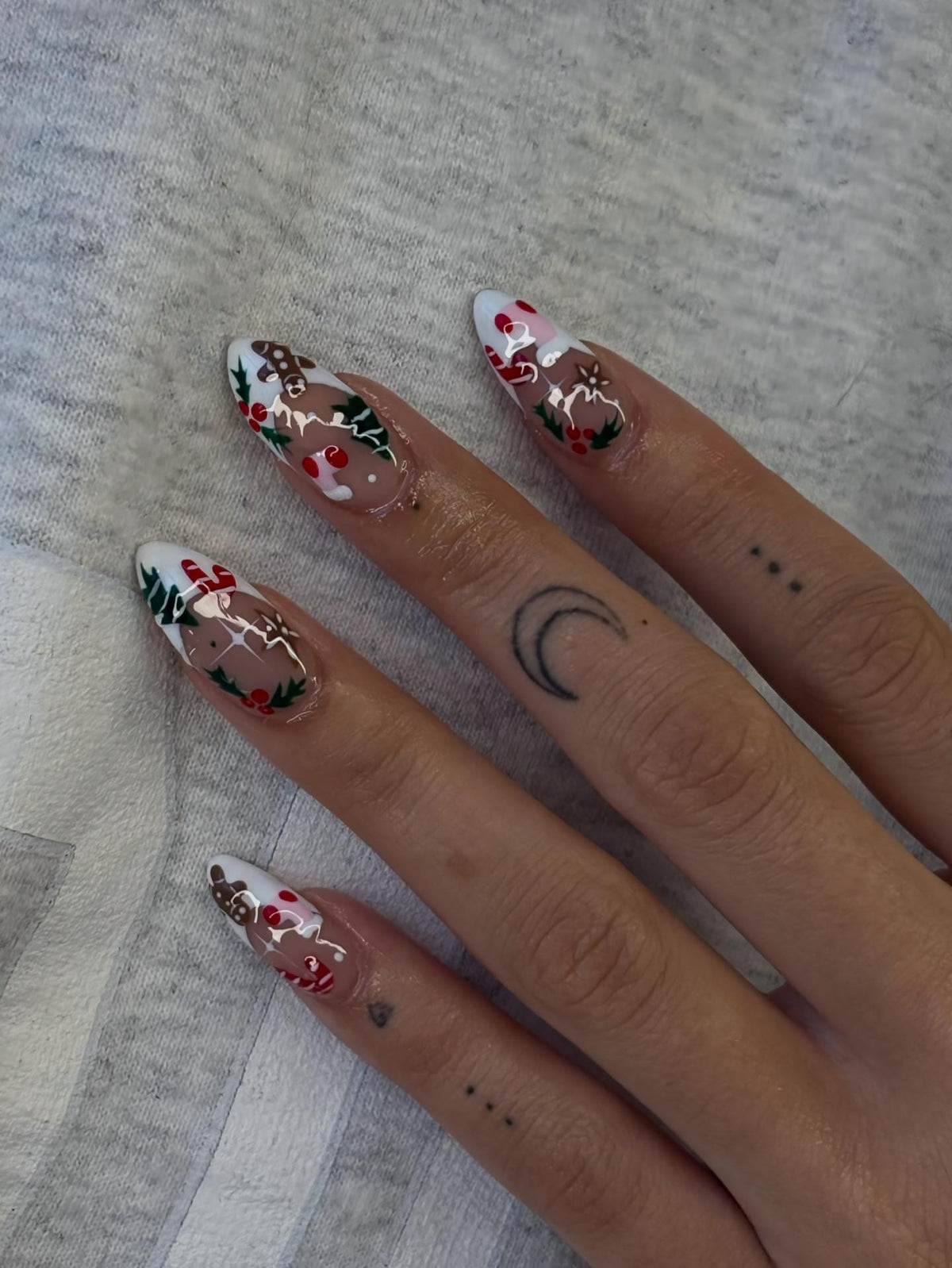 Christmas Gingerbread, Candy Cane and Holly French Tip Nail Set