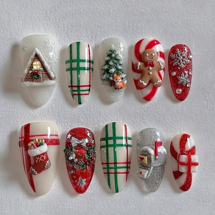 Christmas Gingerbread Man and Candy Cane Press On Nails