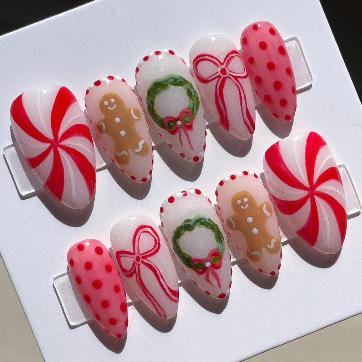 Christmas Gingerbread, Peppermint Swirl, Bow and Wreath Nail Set