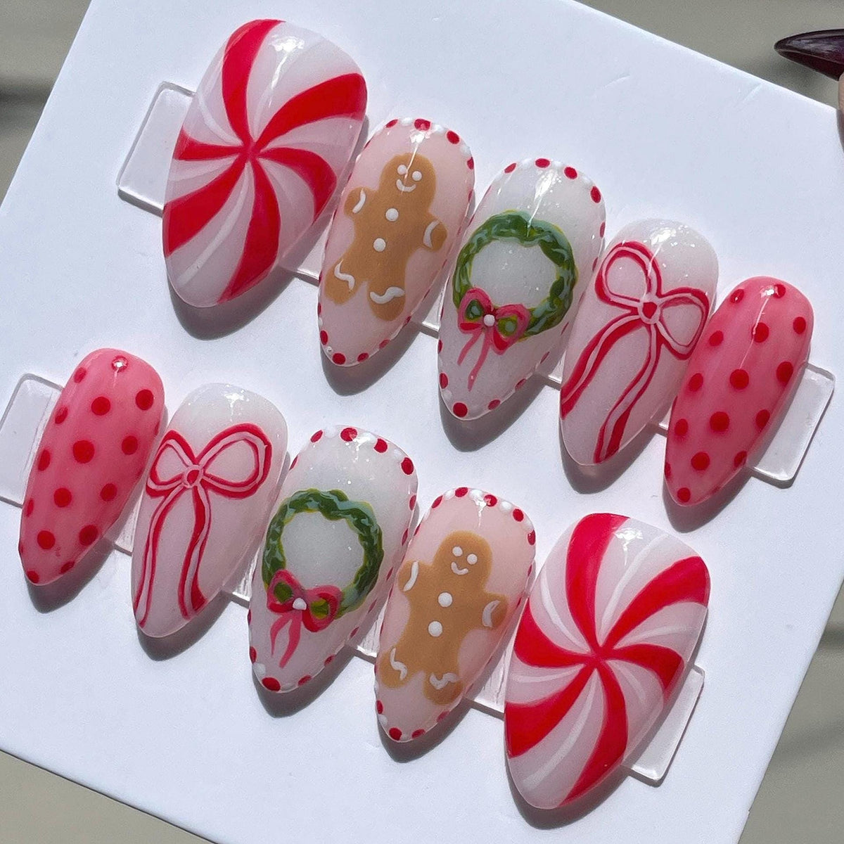 Christmas Gingerbread, Peppermint Swirl, Bow and Wreath Nail Set