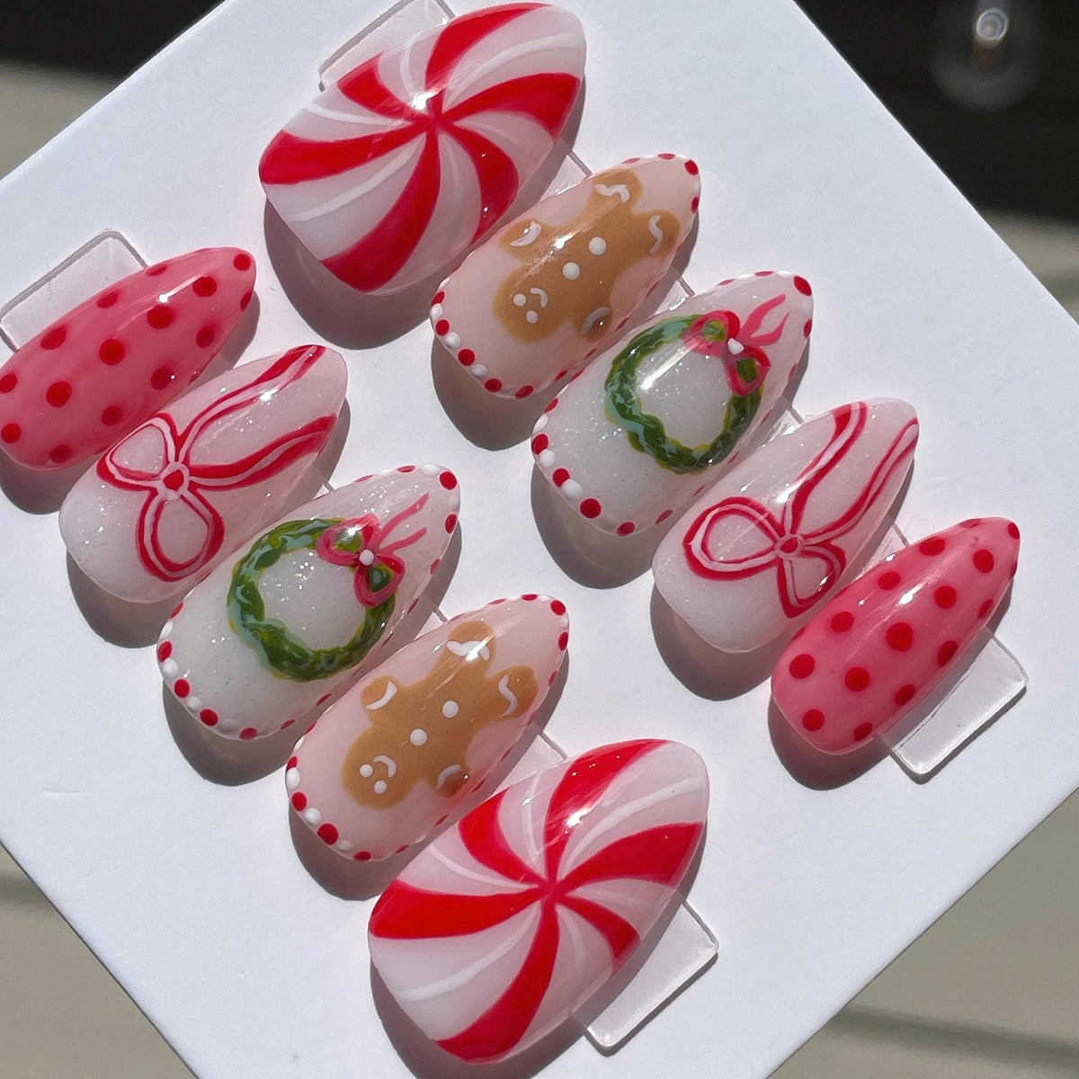 Christmas Gingerbread, Peppermint Swirl, Bow and Wreath Nail Set