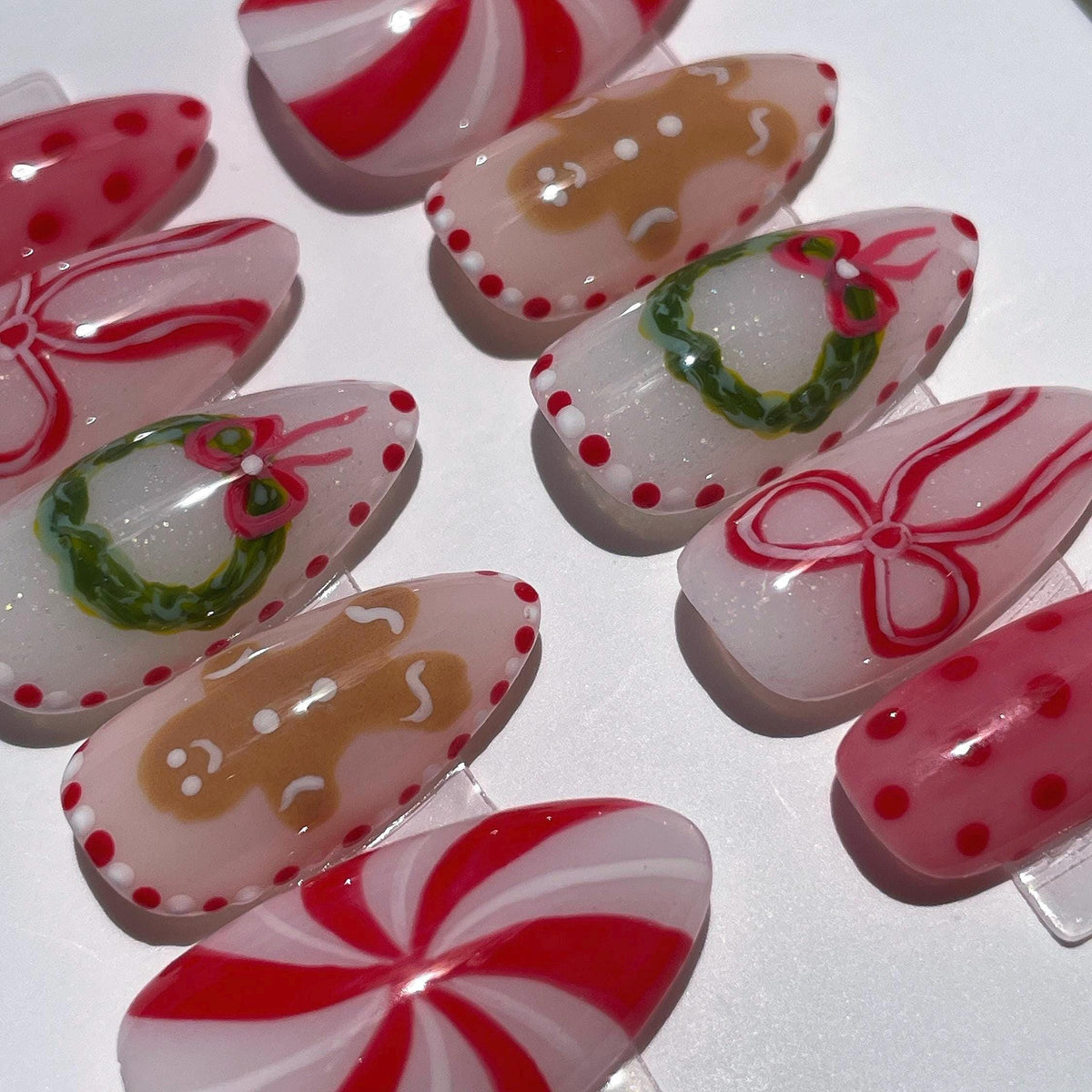 Christmas Gingerbread, Peppermint Swirl, Bow and Wreath Nail Set