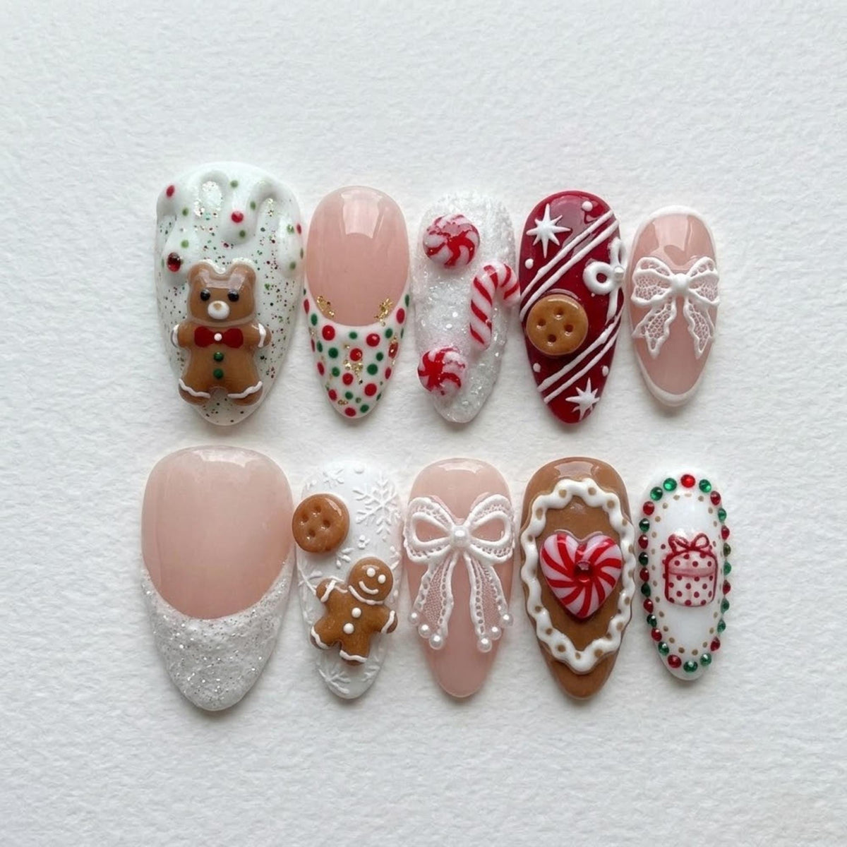 Christmas Gingerbread Press-On Nails with 3D Cookie Art and Lace Bows