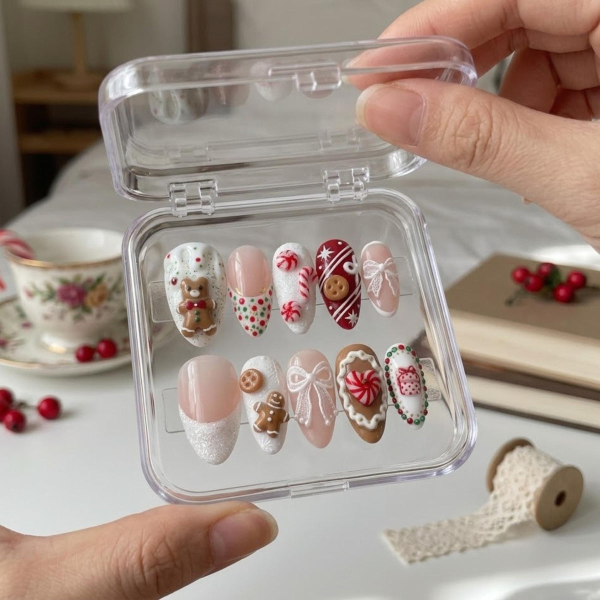 Christmas Gingerbread Press-On Nails with 3D Cookie Art and Lace Bows