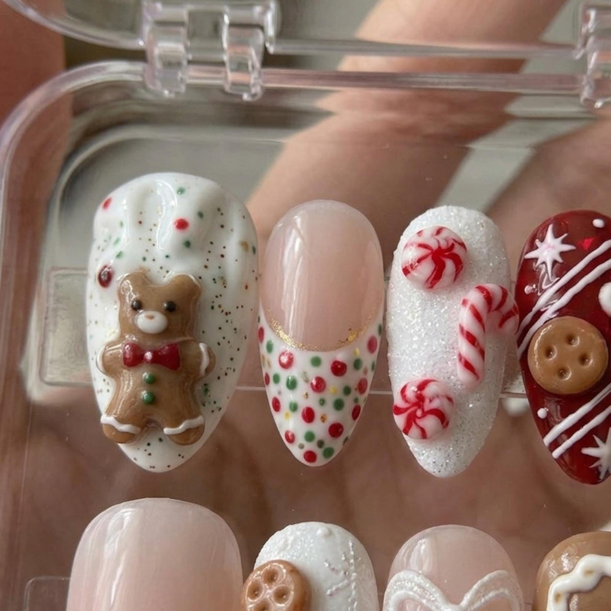 Christmas Gingerbread Press-On Nails with 3D Cookie Art and Lace Bows