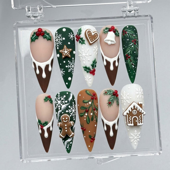 Christmas Gingerbread Press On Nails With Forest Green, Chocolate Drips and 3D Holiday Art