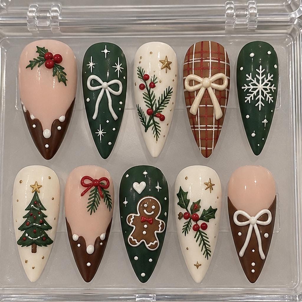 Christmas Gingerbread Press On Nails With Holly, Plaid, Snowflakes and 3D Bows