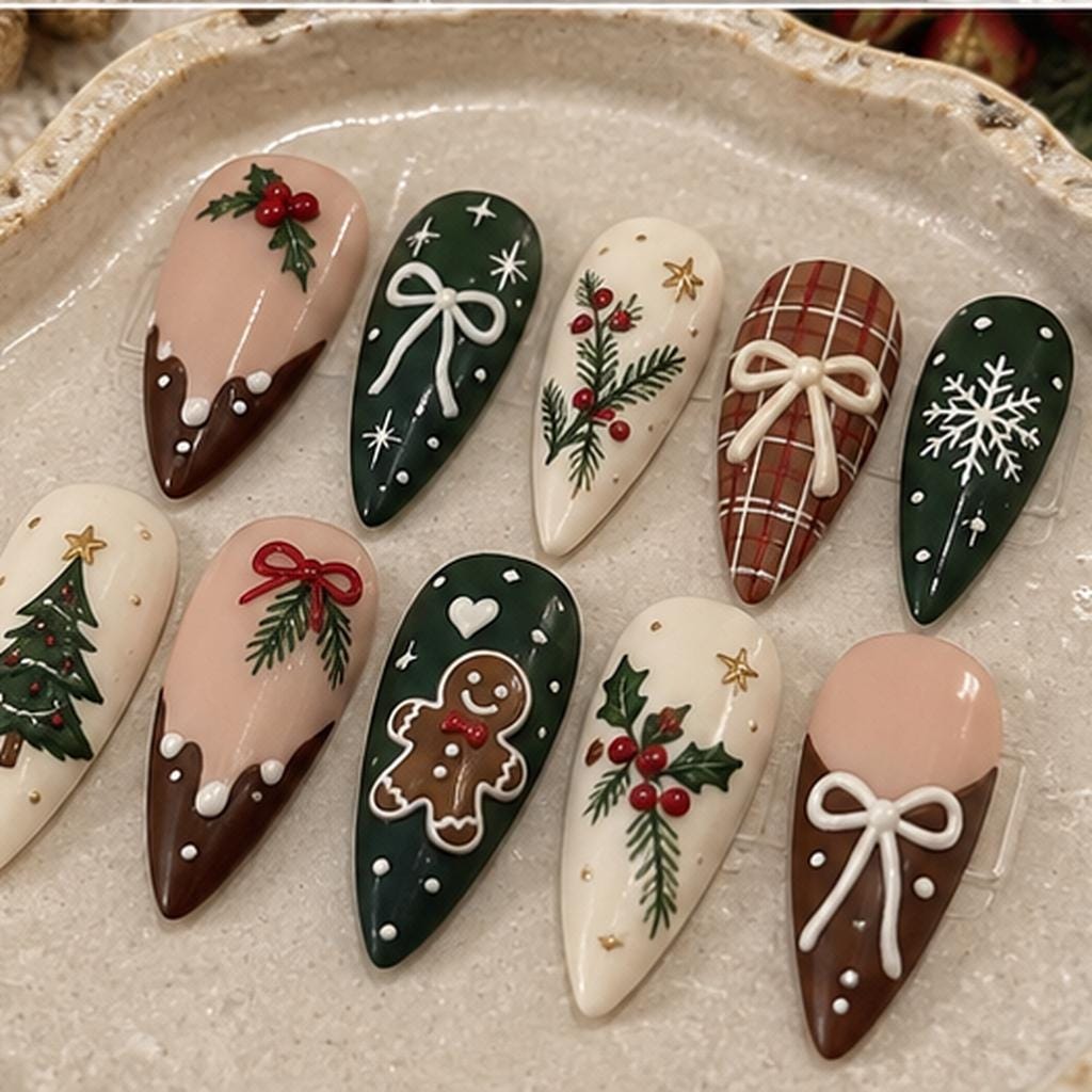Christmas Gingerbread Press On Nails With Holly, Plaid, Snowflakes and 3D Bows